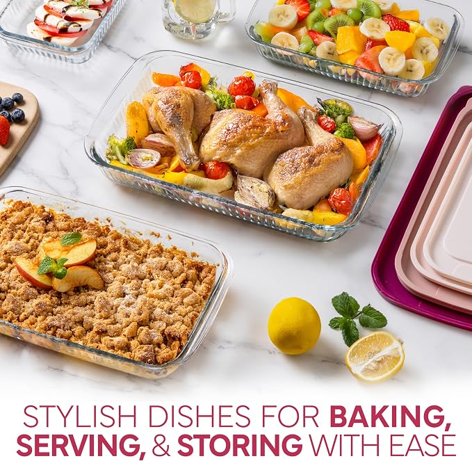 COOK WITH COLOR 8-Piece Deep Glass Baking Dish Set with Plastic Lids – Casserole and Food Storage Containers for Lasagna, Leftovers – Freezer-to-Oven, Microwave & Dishwasher Safe, Fluted Rose
