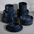 E-far 24-Piece Plates and Bowls Sets with Pasta Bowls - Stoneware Dinnerware Set for 6, Modern Ribbed Dishes, Microwave & Dishwasher Safe, Starry Blue