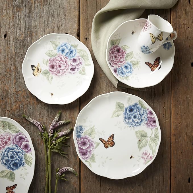 Lenox Dinnerware Set, Butterfly Meadow Hydrangea 12-Piece Set, Service For 4, Made From Ceramic Porcelain, Dishwasher And Microwave Safe, Plates And Bowls Sets, Home & Kitchen (Assorted, 12 Piece)