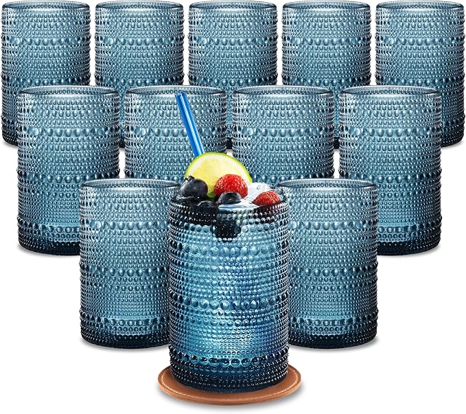15 OZ Hobnail Drinking Set, Cornflower Blue, 12-Piece | Vintage Embossed Glassware, Textured Tumblers, Includes Straws and Coasters, For Water, Beer, Cocktails, Whiskey