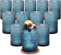 15 OZ Hobnail Drinking Set, Cornflower Blue, 12-Piece | Vintage Embossed Glassware, Textured Tumblers, Includes Straws and Coasters, For Water, Beer, Cocktails, Whiskey
