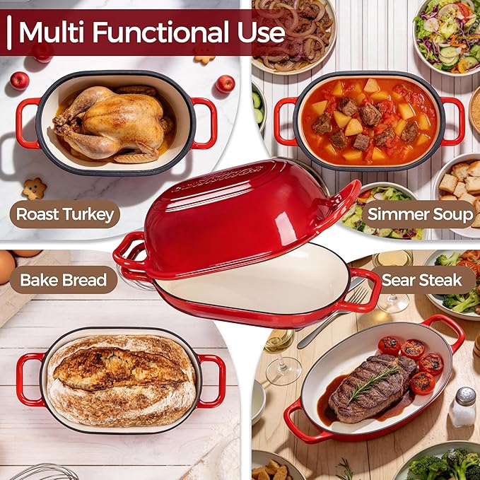 Oval Dutch Oven for Bread Baking, 12 x 8 Inch Cast Iron Bread Oven for homemade bread, Sourdough Dutch Oven Bread baking Pan for a Crispy Crust, 5QT, Cherry