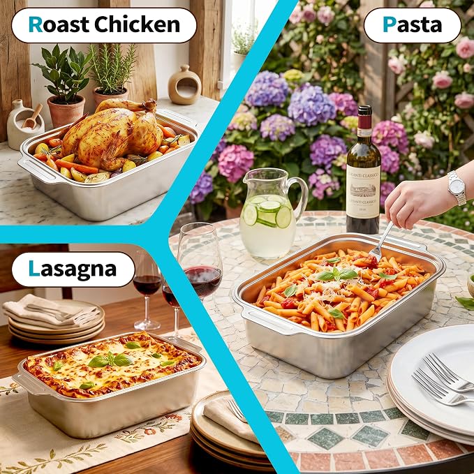Extra Deep Stainless Steel Lasagna Pan with Wide Handles & Lid, 16.5 x 10 x 4 Inch, 6.3 QT Large Casserole Baking Dish, Oven Safe Heavy Duty Baking & Roasting Pan for Meal Prep & Storage