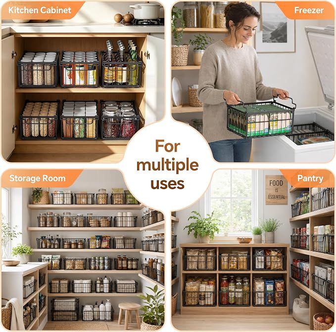 Freezer Organizer Bins, Enlarged Stackable Deep Chest Freezer Organizer Bins, Foldable Baskets with Handles, Storage Container Baskets for 5 to 9 Cu.FT Deep Freezer Sort Frozen Meats (black 3 pack)