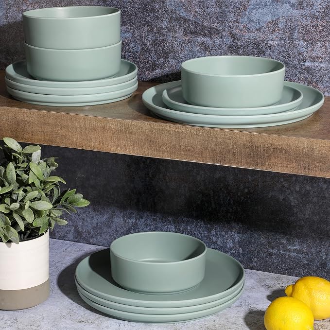 Gibson Home Canyon Crest Stackable Matte Melamine Set - Sage Green, Service for Four (12pcs)