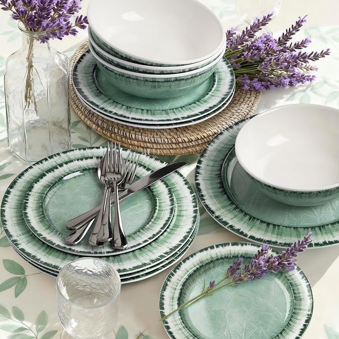 AELS Melamine Dinnerware Set of 12 Pcs Dinner Dishes Set for Indoor and Outdoor Use, Dishwasher Safe, Lightweight Unbreakable, BPA Free, Sage Green
