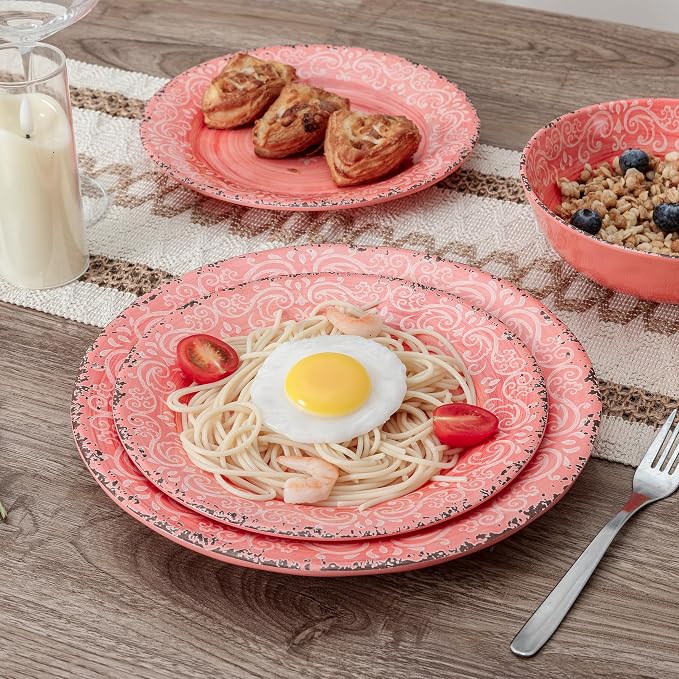 12-Piece Farmhouse Melamine Dinnerware Set, Elegant Unbreakable plates and bowls sets, BPA Free Dinner Dishes serving Set, Service for 4, Perfect for Indoor/Outdoor Dining, Peach pink Red