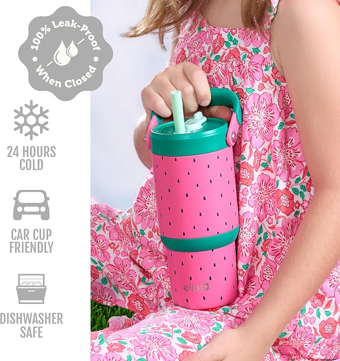 Ello Oasis Go 14oz Stainless Steel Kids Tumbler with Top Handle & Retracting Straw, 100% Leakproof, Double-Wall Vacuum Insulated, Kids Water Bottle for School, BPA Free, Dishwasher Safe, Watermelon