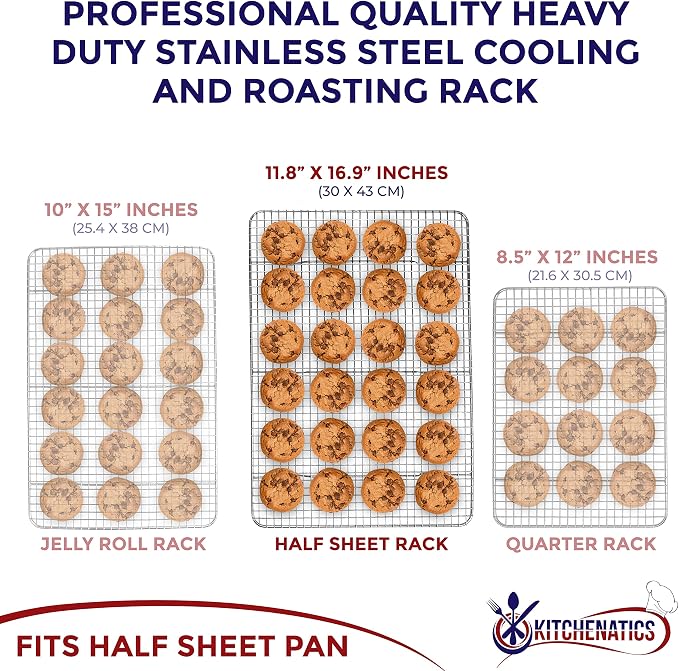 KITCHENATICS Half Sheet Cooling Rack Stainless Steel Oven Safe Set of 2 | Fits standard 13x18 half sheet pans for oven roasting, broiling, grilling, drying and baking sheet cooling