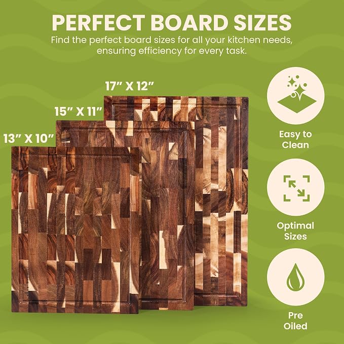 Acacia Wood Cutting Board Set - 3 Piece Acacia Cutting Board with Holder, Knife Friendly, Dual Sided, Built-in Handles, & Juice Grooves | 13, 15, & 17 Non Toxic Cutting Boards for Kitchen