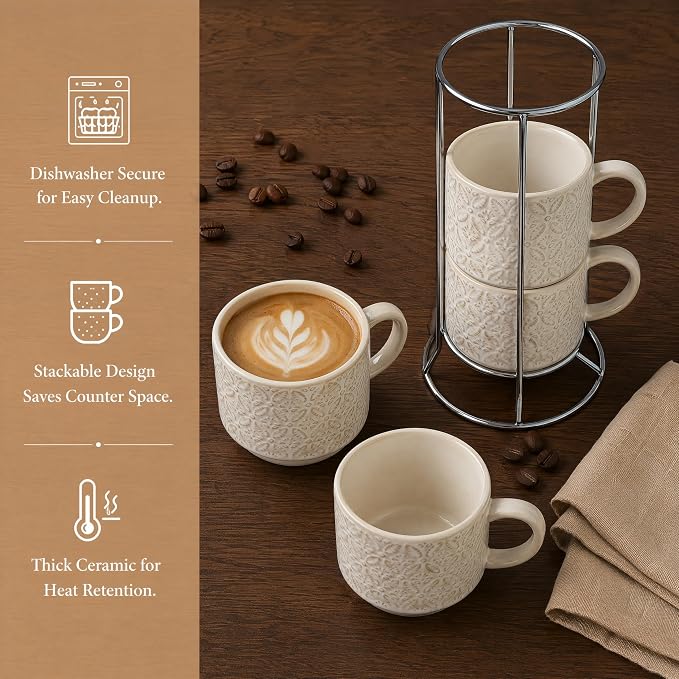 6 Oz Coffee Mugs with Stand, Stackable Ceramic Espresso Cups Set of 4, Embossed Coffee Cups Sets, Porcelain Cappuccino for Latte, Cocoa, Mocha, Tea, Dishwasher Safe, Vintage White