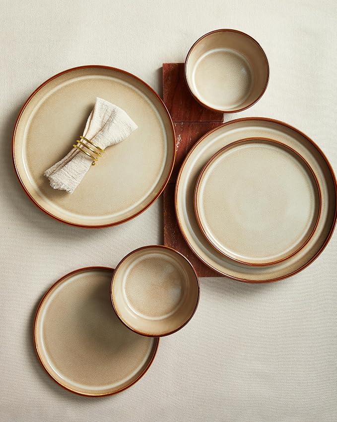 Pokini Dinnerware Set for 4, Ceramic Dish Sets, Plate and Bowl Set, Microwave & Dishwasher Safe Dishware Set, Chip & Scratch Resistant Dinner Set, No Two Are Alike, Amber Brown
