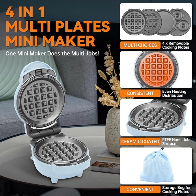 Baker's Friend 4 in 1 Mini Waffle Maker with Removable Plates, Set Includes Mini Pancake, Donut, Heart Shape Waffle Makers, Compact Size, Recipe Included, Blue