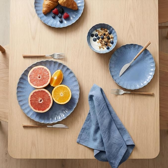 12 Pieces Stoneware Dinnerware Set, Microwave and Dishwasher Safe, for 4 | Scallop Frill Design, Chip Resistant, Ceramic, Includes Plates and Bowls