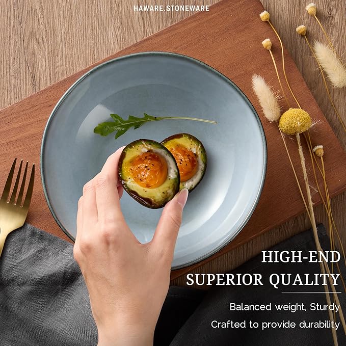 HaWare Plates and Bowls Set, Stoneware Dinnerware Sets, 16-Piece Hand-painted Dishware for 4, Ceramic Dish Set for Home Kitchen, Scratch Resistant, Microwave and Dishwasher Safe, Reactive Foggy Blue