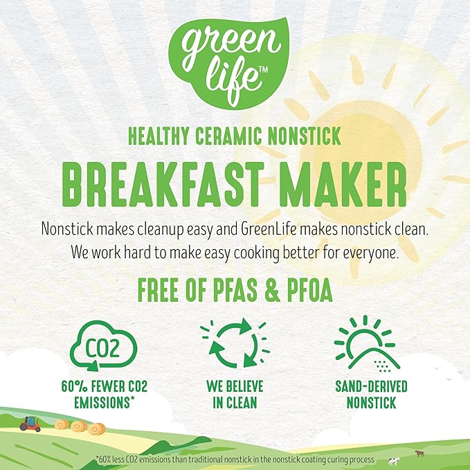 GreenLife 3-in-1 Breakfast Maker Station, Healthy Ceramic Nonstick Dual Griddles for Eggs Meat Sausage Bacon Pancakes and Breakfast Sandwiches, 2 Slice Toast Drawer, Easy-to-use Timer, Turquoise