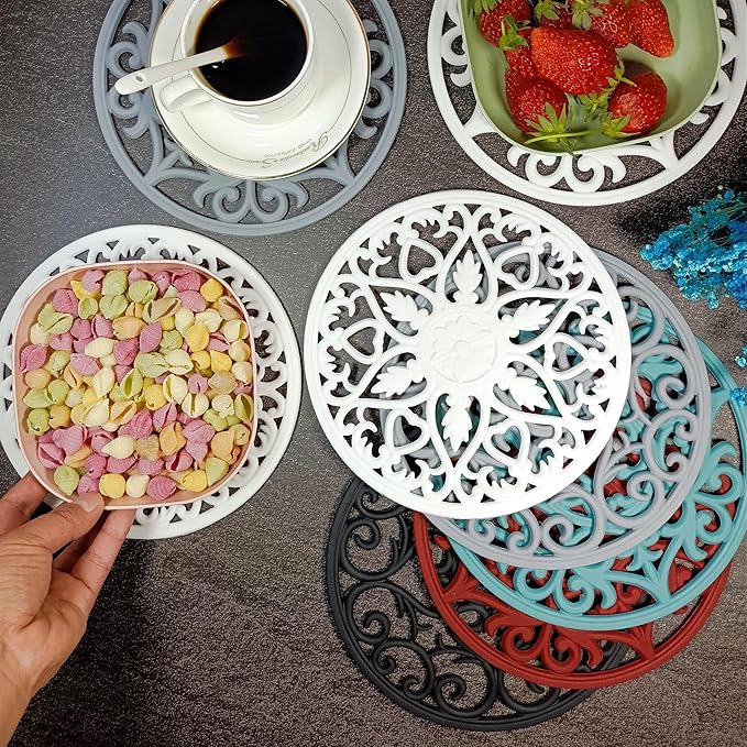 Silicone Trivet Mat-Trivets for Hot Dishes, Table, Countertop, Non-Slip Heat Resistant Modern Kitchen Teapot Trivet-Flexible Round Pads Mats, Multi-Use Intricately Carved Pad Mat of 6 Wine Red