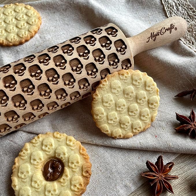 SKULL Rolling Pin. Embossing rolling pin with SKULL PATTERN Embossed skull cookies for HALLOWEEN. Wooden Laser Cut Rolling Pin for Halloween cookies, play dough, salt dough by Algis Crafts