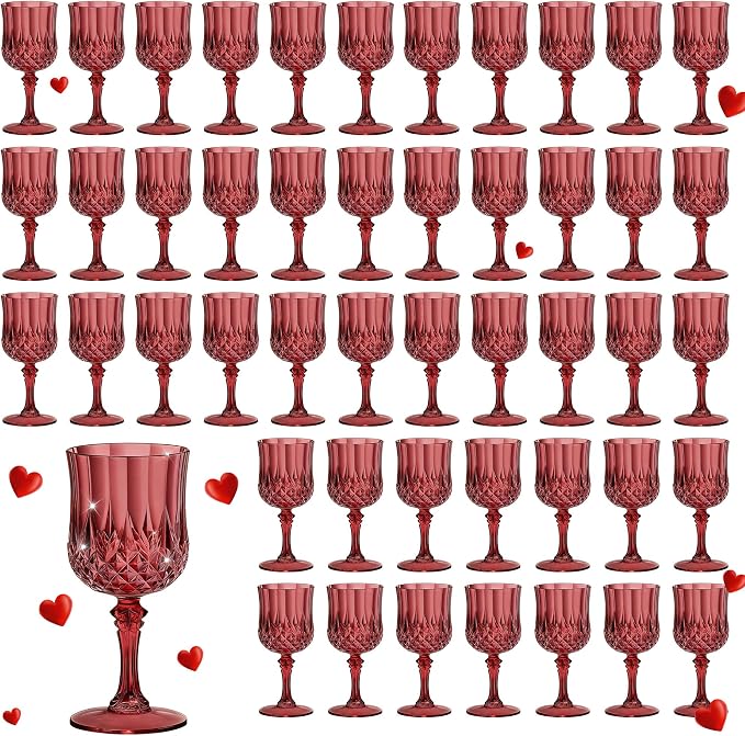7OZ Plastic Wine Glasses, Reusable Vintage Goblets Unbreakable Drinking Glasses Crystal Water Cups Champagne for Wedding, Parties (48, Burgundy)