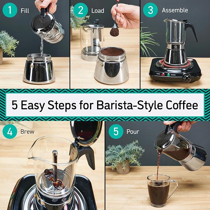 Coffee Gator 4 Cup Moka Pot, 6.7oz Stovetop Espresso Maker for Italian Coffee, Transparent Glass & Stainless Steel Design, Silver, 200ml