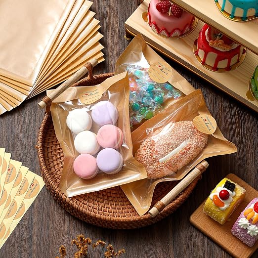 Outus 240 Pcs Cookie Packaging Bags with Seal, 5.1 x 7.5 Inch Bakery Pastry Bags with Window, Heat Sealable Grease Resistant Paper to Go Bake Sleeves for Gift Giving Donut Bread Sandwich (Brown)