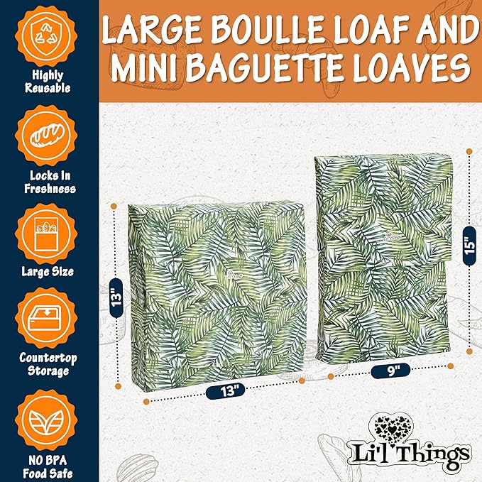 Sourdough Bread Bag – Reusable Beeswax Bread Storage Bags 2.0 (2 Sizes), Cotton-Layered, Breathable Bread Storage, Plastic-Free Kitchen Storage – Palm Leaves