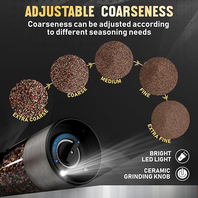 Pure Nature Electric Salt and Pepper Grinder Set with Rechargeable Base – Stainless Steel, Large Capacity, LED Light, 5 Adjustable Coarseness Levels, Refillable, Type-C Fast Charging
