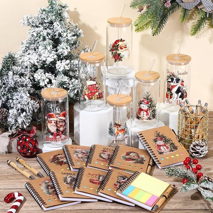 Skylety 12 Set Christmas Gifts Bulk 16 oz Santa Glass Cups with Lids Straws Xmas Notebook Sticky Note Pens for Women Students School Office Holiday Party Favors