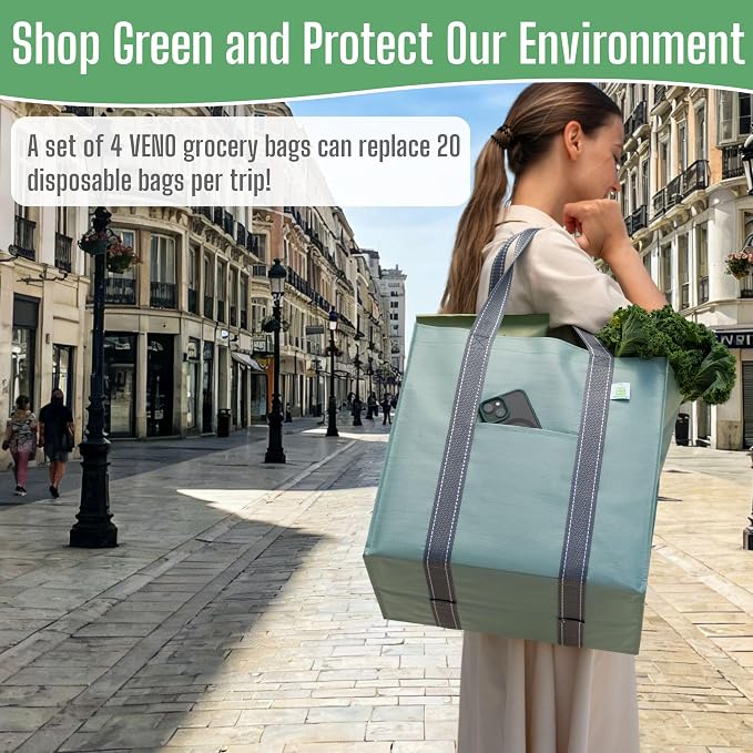 VENO 4 Pack Reusable Grocery Bags, Heavy-Duty Shopping Bags with Handles, Bags for Shopping Cart with Hard Bottom to Stand Upright, Foldable, Multi-Purpose(Light Green, 4 Pack)