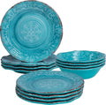 LEHAHA Luxury Thicker but lightweight 100% melamine dinnerware set, set of 4, Unbreakable Farmhouse plates and bowl dishes set, Elegant Scalloped rim dinner serving plate sets. Dishwasher Safe, Teal