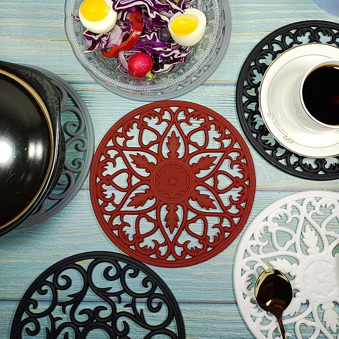 Silicone Trivet Mat-Trivets for Hot Dishes, Table, Countertop, Non-Slip Heat Resistant Modern Kitchen Teapot Trivet-Flexible Round Pads Mats, Multi-Use Intricately Carved Pad Mat of 6 Wine Red