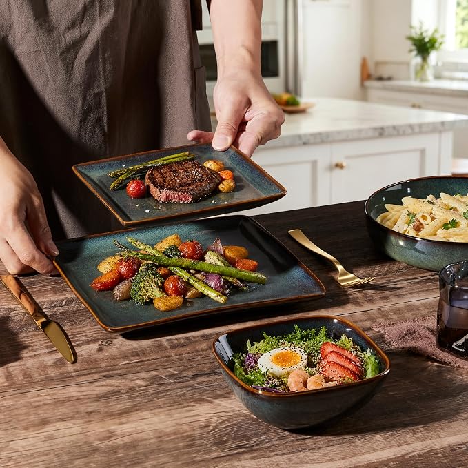 E-far Square plates and bowls Sets for 4, 12-Piece Reactive Glaze Stoneware Dinnerware Sets, Ceramic Dishes for Kitchen Dining, Microwave & Dishwasher Safe, Obsidian Green