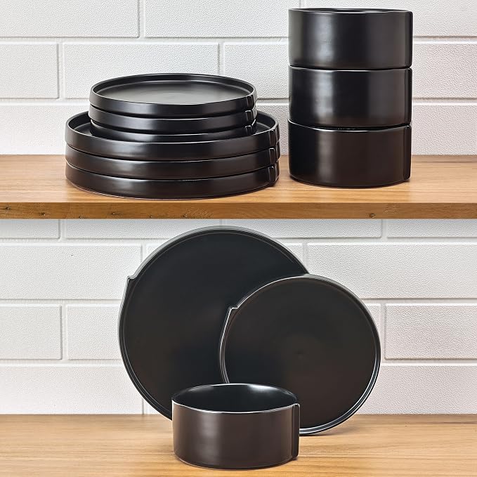 Pfaltzgraff Contemporary Edge 12 Piece Stoneware Dinnerware Set, Service for 4, Plate and Bowls with High Rims for Everyday use, Black
