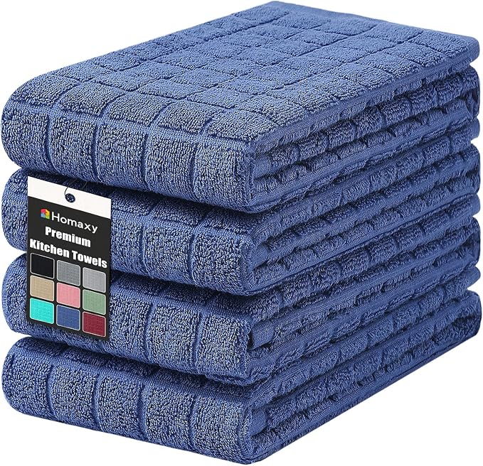 Homaxy Premium Cotton Kitchen Towels 16"x 28", Large Natural Ring Spun 390 GSM Dish Towels, Super Absorbent Terry Kitchen Hand Towels, Soft Tea Towels with Hanging Loop, Pure Navy Blue Design, 4 Pack