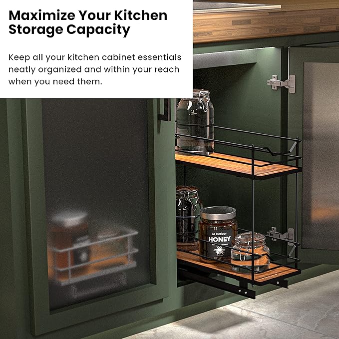 Home Zone Living Pull Out Kitchen Cabinet Organizer with 2 Tiers of Storage for Easy Access, 7.5”W x 20”D, Matte Black with Dark Brown, Virtuoso Collection