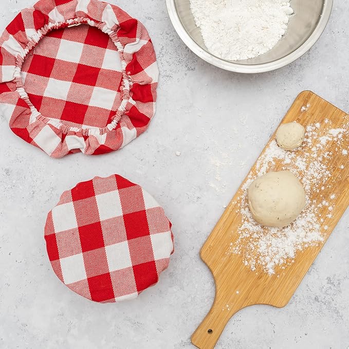 Reusable Mixing Bowl Cover - Perfect Sourdough Bowl Cover - 100% Cotton, Red, Fabric Bowl Covers Set with Elastic to Cover Fruits, Vegetables and Regulate Moisture (Red Plaid, 1XL, 1L, 1M, 1S)