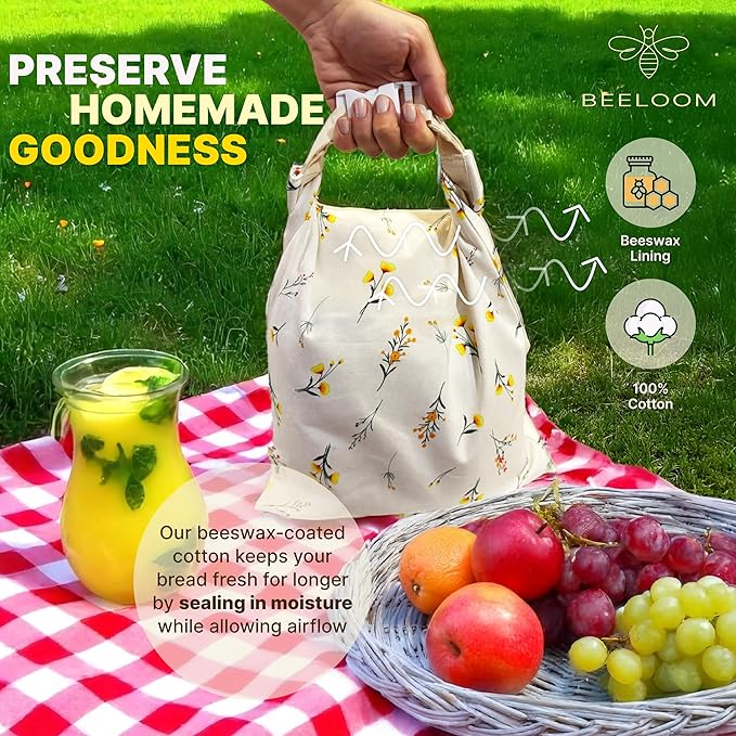 Bread Bags XL (Set of 2) – Reusable Beeswax Bread Bag for Homemade & Sourdough Bread – 100% Cotton with Beeswax Lining – Eco-Friendly Bread Storage Bag – Keeps Bread Fresh Longer