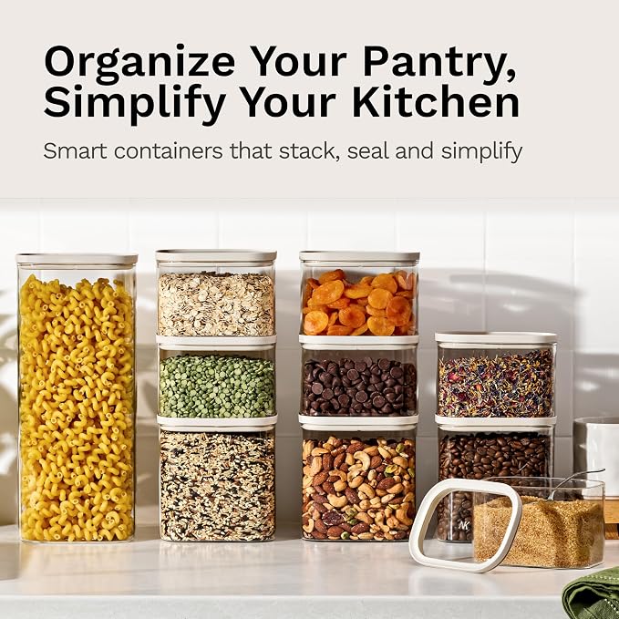 Naked Kitchen 20-Piece Food Storage Containers with Lids – Stackable BPA-Free Borosilicate Glass Pantry Storage Containers with Leak-Proof Airtight Seal for Kitchen & Pantry Organization – Cream