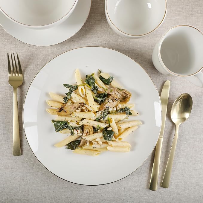 Gibson Home Ogalla 30 Piece Plates, Bowls, & Mugs Dinnerware Set - Service for 6 - White Porcelain W/Gold Band