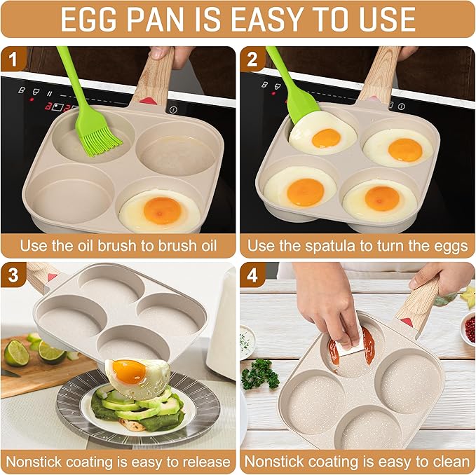 MyLifeUNIT Egg Pan, 4-Cup Egg Frying Pan with Lid, Nonstick Aluminium Alloy Egg Cooker for Breakfast, Pancake, Burger, Sandwiches, Suitable for Gas Stove & Induction Cookware (White)
