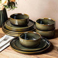 TheTerra Ceramic Dinnerware Sets, Handmade Reactive Glaze Plates and Bowls Set, Scratch Resistant Dish Set, Oven & Microwave & Dishwasher Safe, Sets for 4, Olive Green