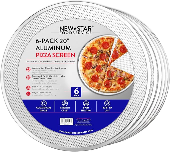 New Star Foodservice Seamless Aluminum Pizza Baking Screens, 20 Inch Round Mesh Pizza Pans for Crispy Crusts, Restaurant-Grade, Pack of 6