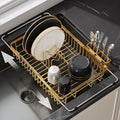 JASIWAY Gold Expandable Stainless Steel Dish Drying Rack Over The Sink for Small Kitchen, Counter Space Saving Compact Plate Drainer Strainer, Adjustable Hanging Metal Dish Dryer with Utensil Holder