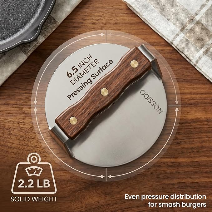 Heavy-Duty Smash Burger Press, 304 Stainless Steel, 6.5 Inch Diameter, 4mm Thick - Round Smasher for Flat Top Griddle & Cast Iron, Natural Walnut Handle, Satin Finish - Griddle Accessories