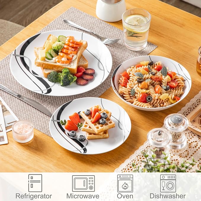VEWEET Porcelain Dinnerware Sets for 6, 18 Pieces Plates and Bowls Set with Black and Grey Ribbon Lines, Dishes Set Dining Ware for Dinner, Microwave and Dishwasher Safe, Series FIONA