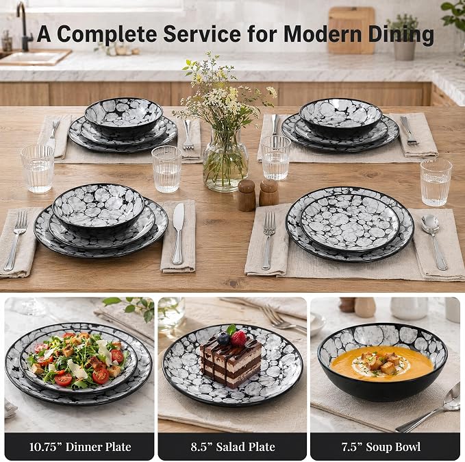 Melamine Dinnerware Sets 12pcs Rustic Farmhouse Dinner Dishes Set Lightweight Service for 4 Plastic Plates and Bowls Set, Modern Gray Bubble