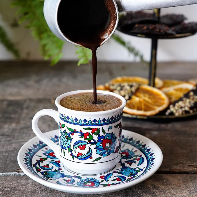 Turkish Coffee Cup Set of 6 with Saucers & Holder – Ceramic, Dishwasher-Safe, Keeps Warm – Patterned Turkish Espresso Cups Set for Home & Office (Set Of 6)
