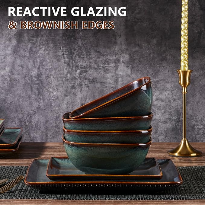 E-far Square plates and bowls Sets for 4, 12-Piece Reactive Glaze Stoneware Dinnerware Sets, Ceramic Dishes for Kitchen Dining, Microwave & Dishwasher Safe, Obsidian Green