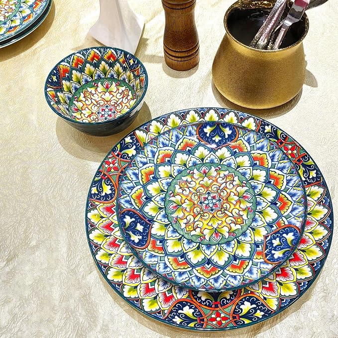 YA JU Mandala Dinnerware Sets (12 Pcs) Serves 4, Buffet Dinnerware, Boho Plates and Bowls Dish Set with 8" Deep Plate 10" dinner Plate 4.8" bowl, apply Casual dining Indoor Outdoor Dining Party