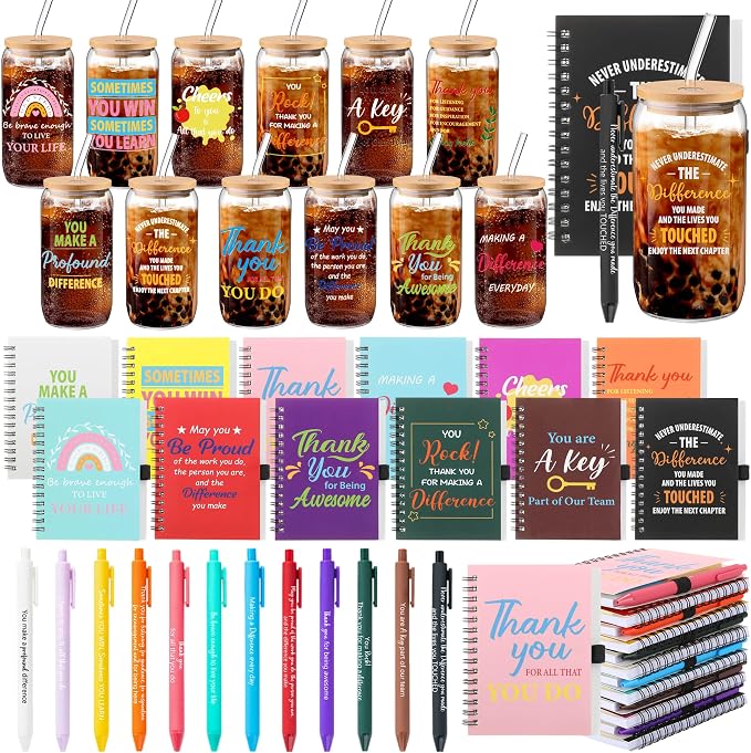 Skylety 12 Set Teachers Appreciation Gifts Bulk Thank You Tumblers with Lid Inspirational Spiral Notebooks Sticky Note Pens for Back to School Female Staff Coworker